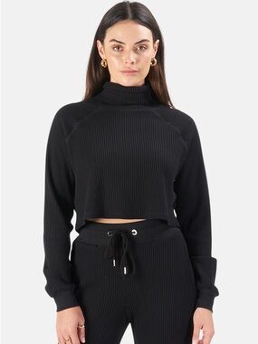 The Range Women's Waffle Knit Crop Turtleneck Sweater in Jet Black size small